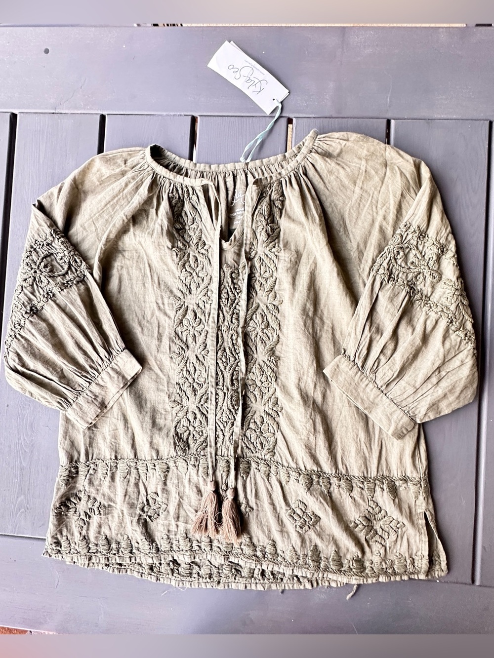 kyla seo olive green boho peasant blouse Sz S 100% Cotton